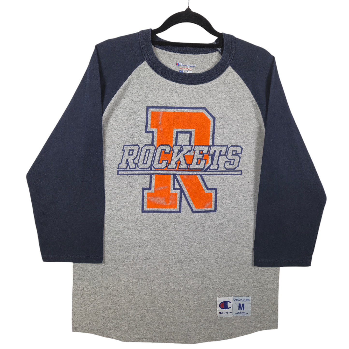 Champion Grey & Dark Blue Rockets Long Sleeve Cotton Tee Shirt Size M