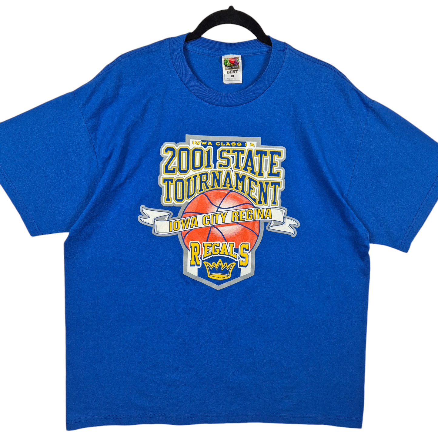 Vintage 2001 Iowa City Regina Regals Basketball Blue Cotton Tee Shirt Size XL