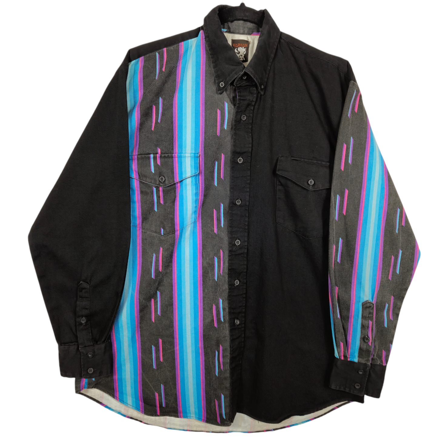 Vintage Karman 80's Black Blue & Purple Button Denim Shirt Size L