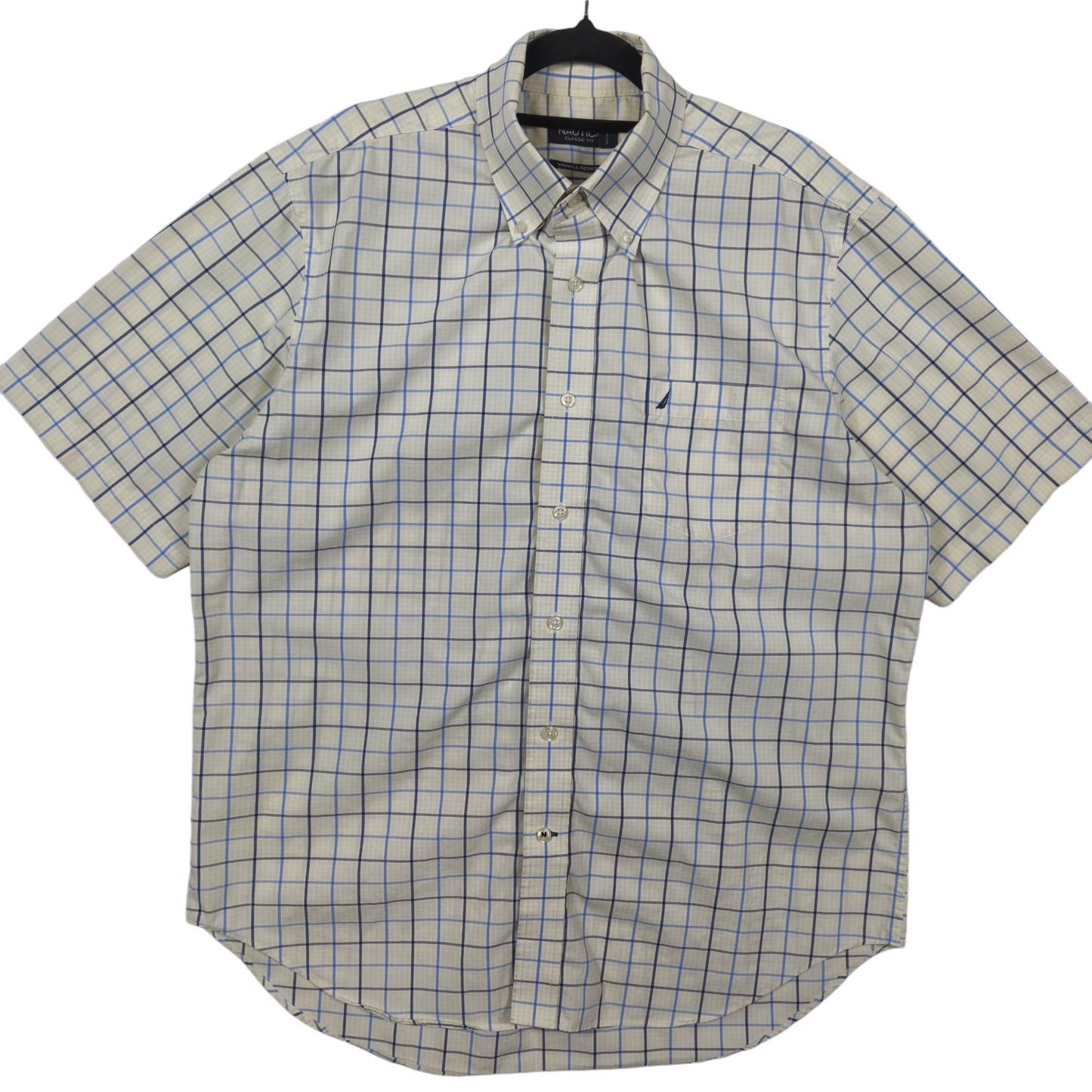 Nautica Light Yellow Classic Fit Checkered Short Sleeve Button Shirt Size L