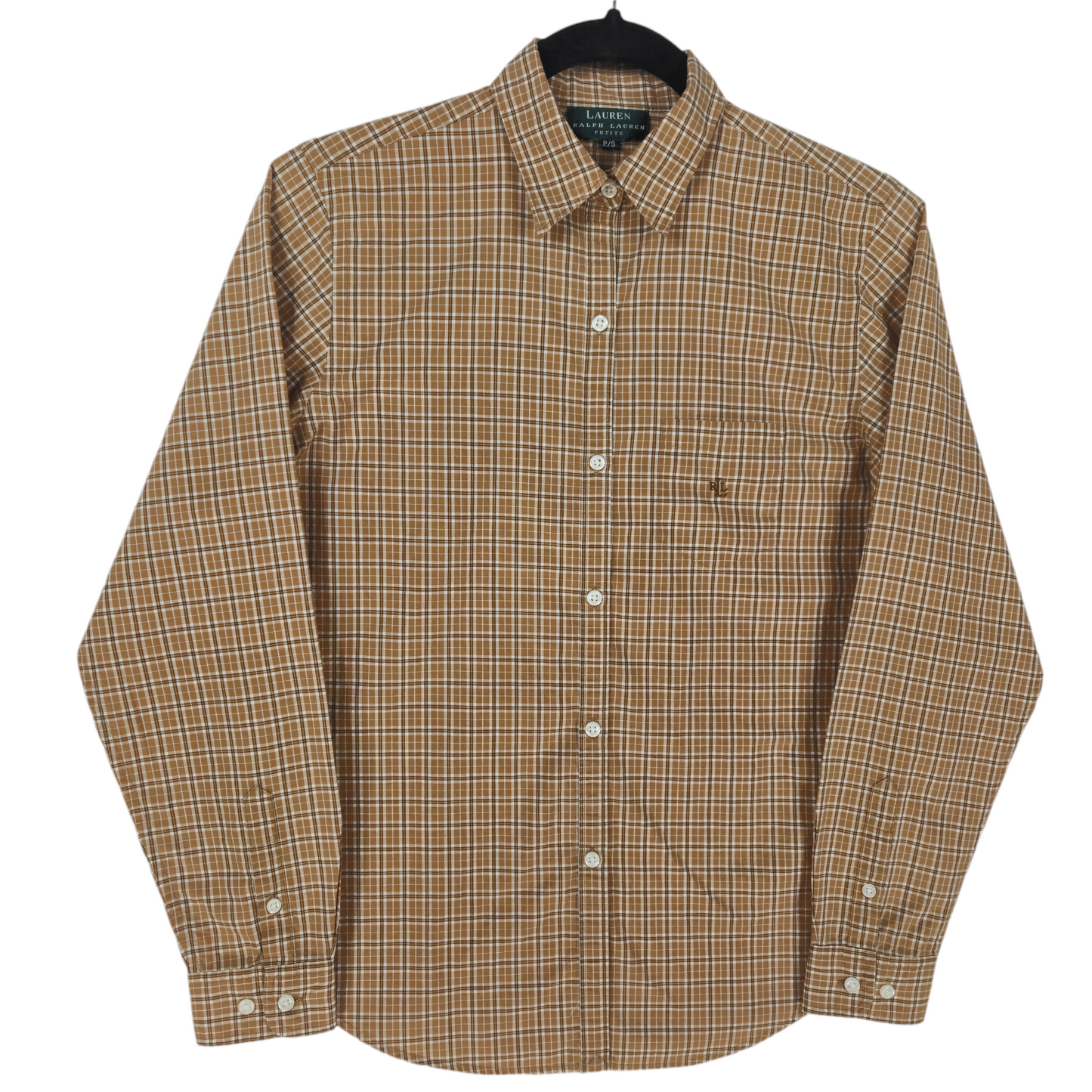 Vintage Ralph Lauren Green Label Womens Brown Checkered Button Blouse Size S