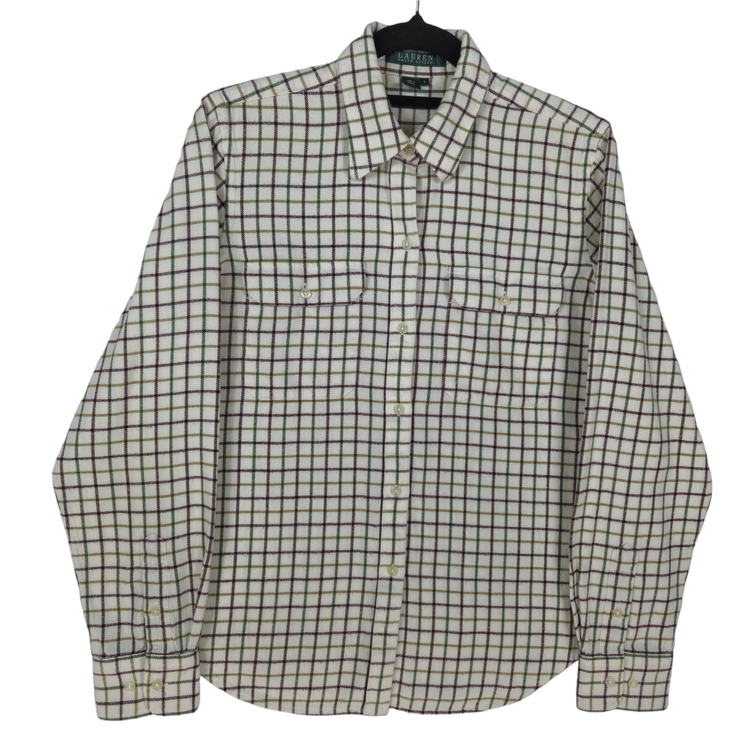 Vintage Ralph Lauren Green Label Womens Cream White Checkered Button Blouse Size S