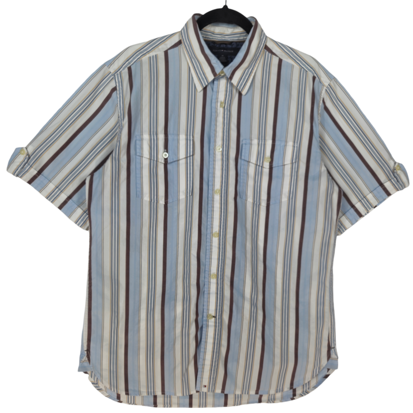 Tommy Hilfiger Blue Brown & White Striped Short Sleeve Button Shirt Size M