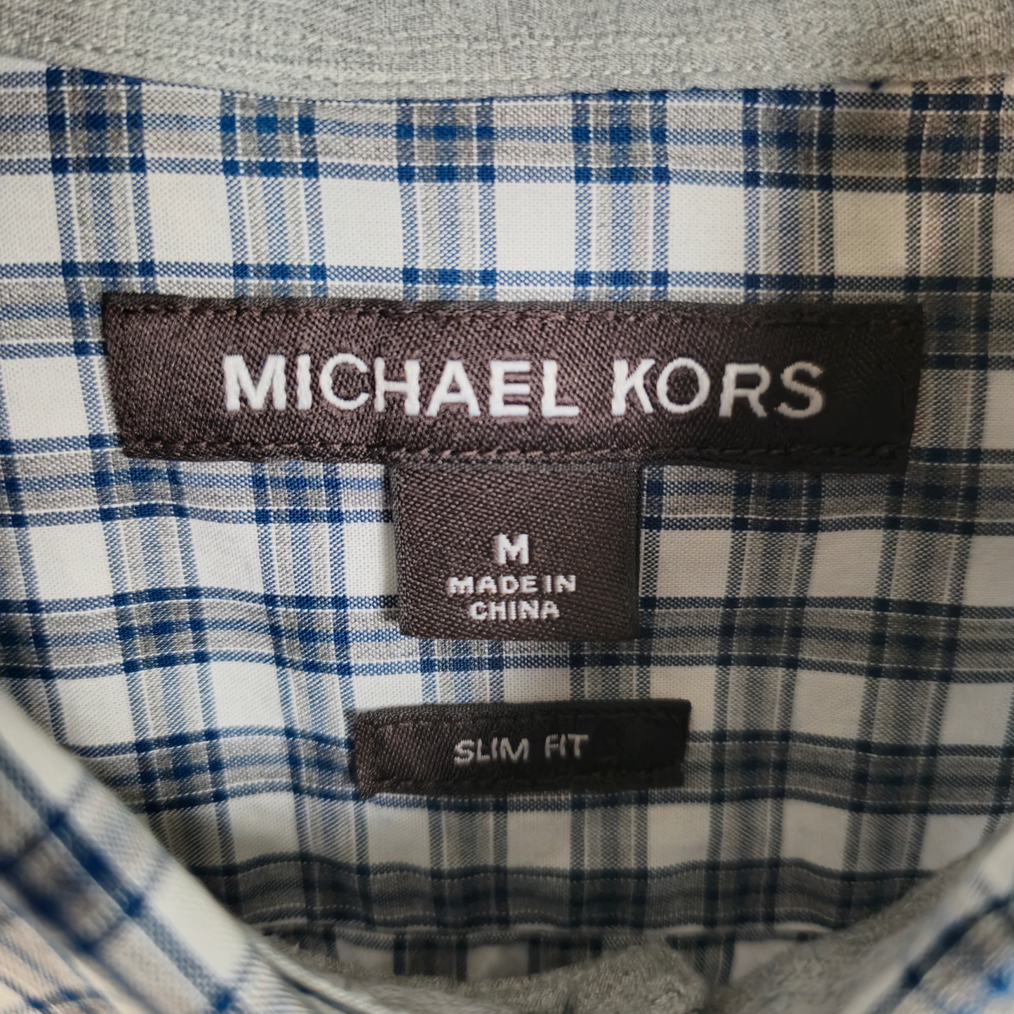 Michael Kors Blue & White Checkered Slim Fit Dress Shirt Size M