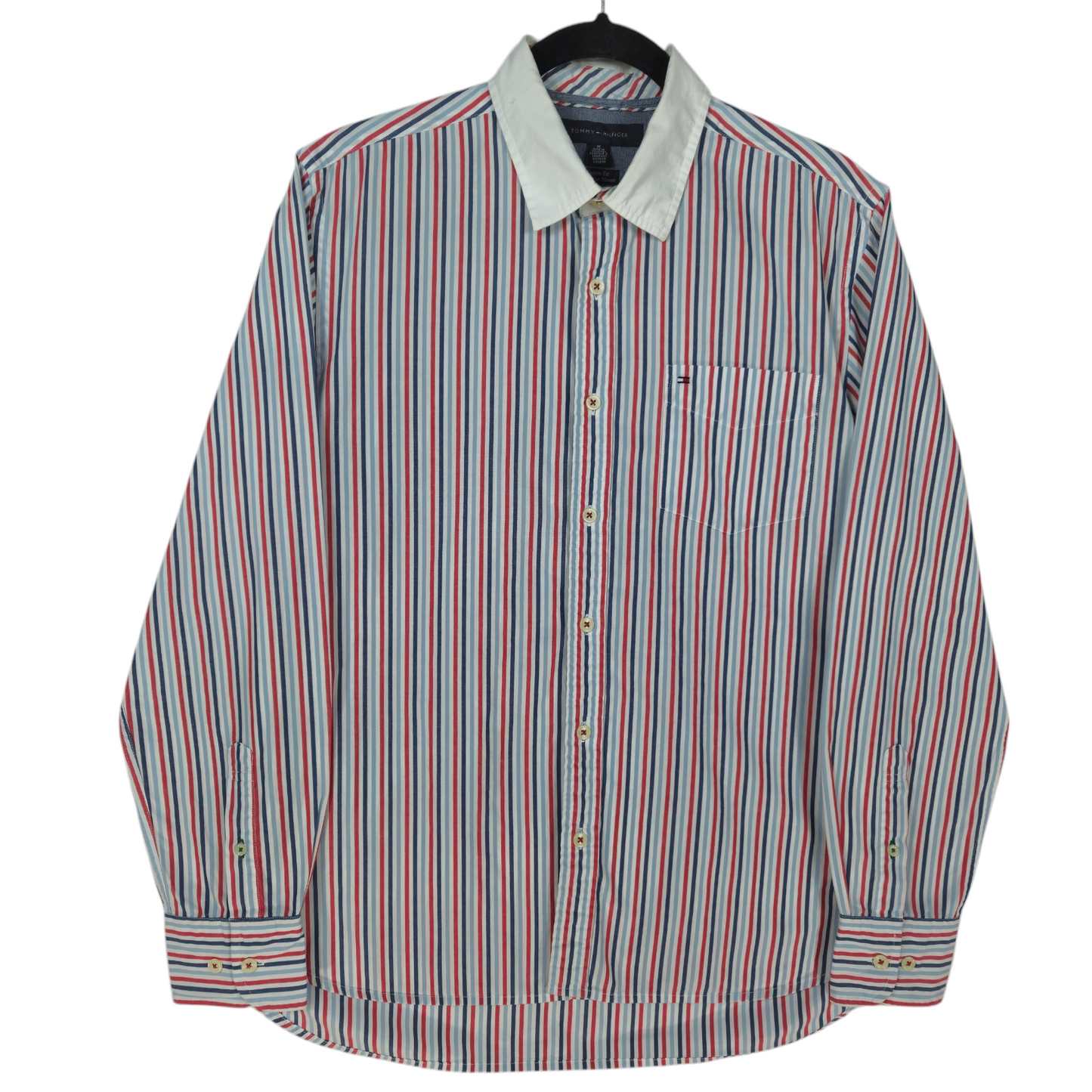 Tommy Hilfiger Red Blue & White Striped Custom Fit Dress Shirt Size M