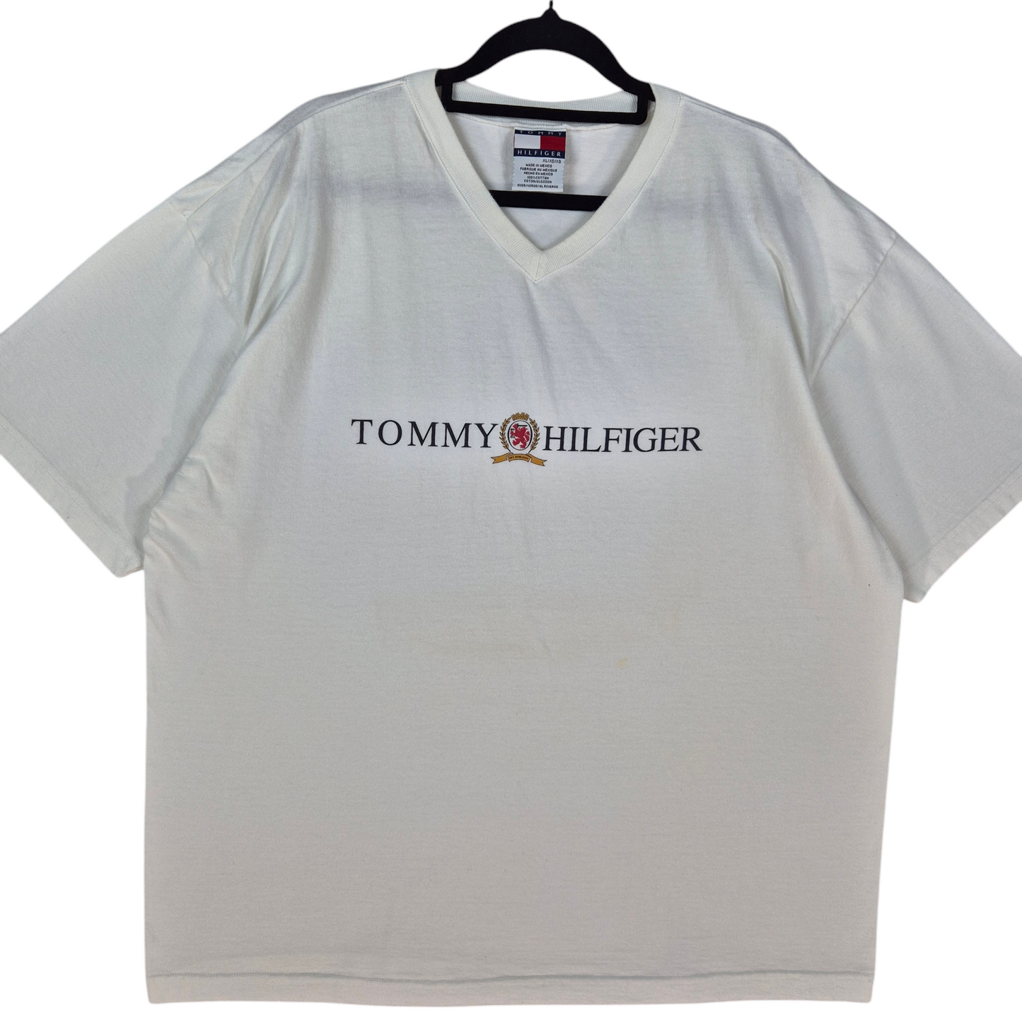 Vintage Tommy Hilfiger 90's White V Neck Cotton Tee Shirt Size XL