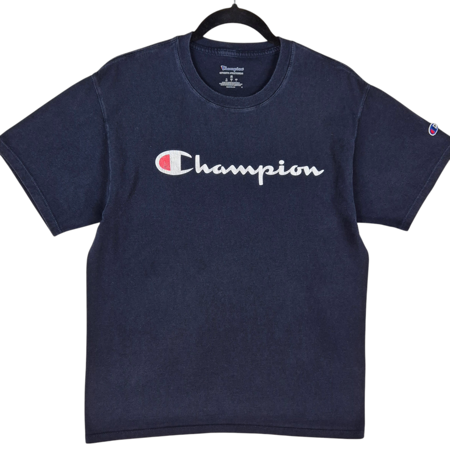 Champion Dark Blue Chest Script Cotton Tee Shirt Size M