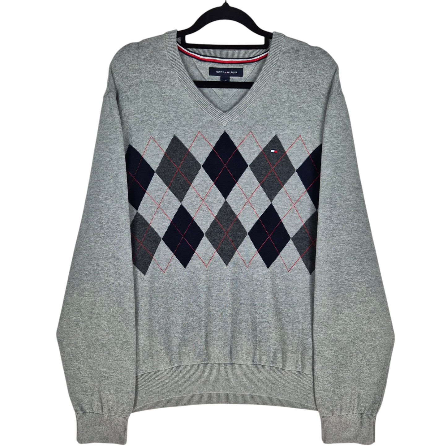 Tommy Hilfiger Grey Diamond V Neck Knit Sweater Size L