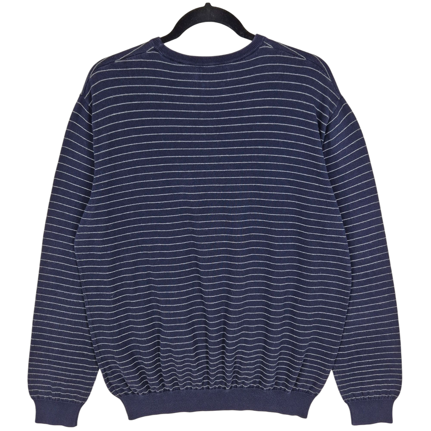 Tommy Hilfiger Dark Blue Striped Pima Cotton Crewneck Knit Sweater Size L