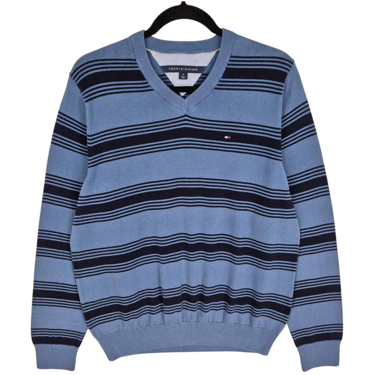 Tommy Hilfiger Steel Blue Striped V Neck Knit Sweater Size M