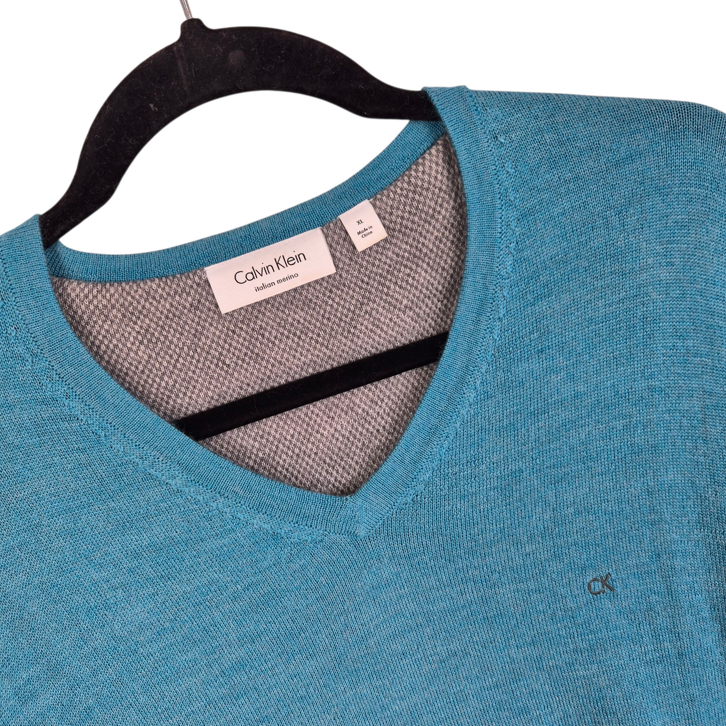 Calvin Klein Blue Italian Merino Wool V Neck Knit Sweater Size XL