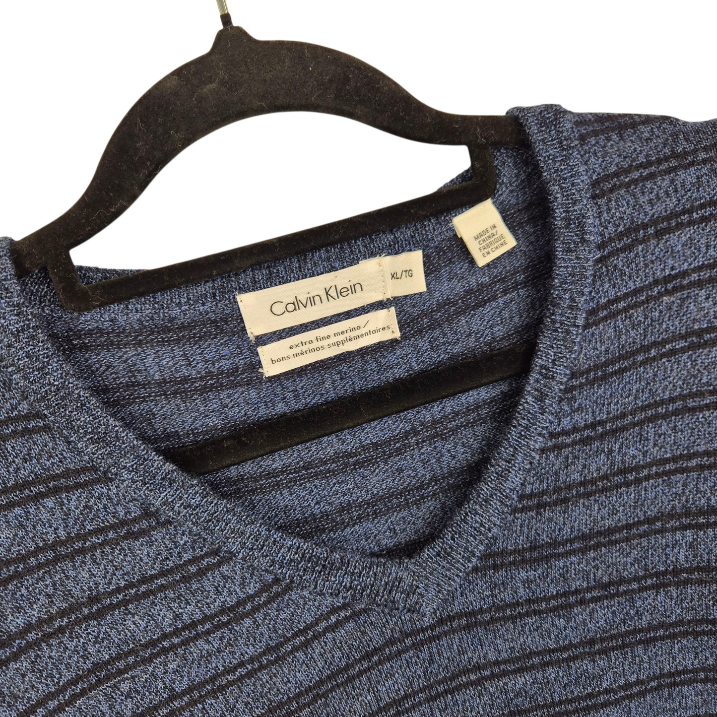 Calvin Klein Dark Blue Striped Merino Wool V Neck Knit Sweater Size XL