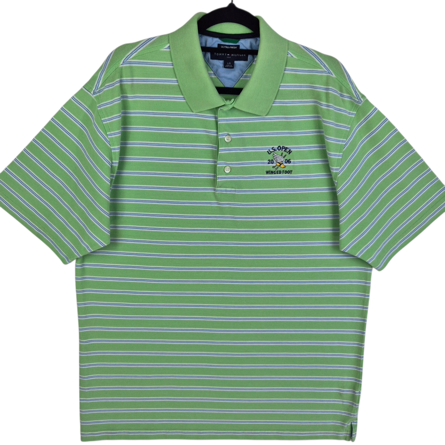 Vintage Tommy Hilfiger Golf 2006 US Open Green Striped Cotton Polo Shirt Size L