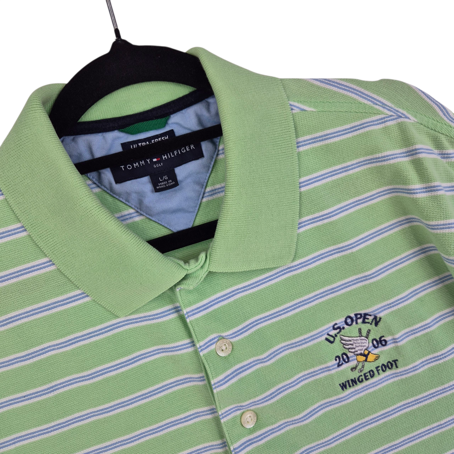 Vintage Tommy Hilfiger Golf 2006 US Open Green Striped Cotton Polo Shirt Size L