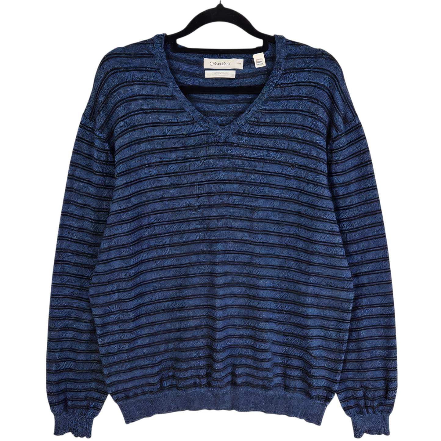 Calvin Klein Dark Blue Striped Merino Wool V Neck Knit Sweater Size XL