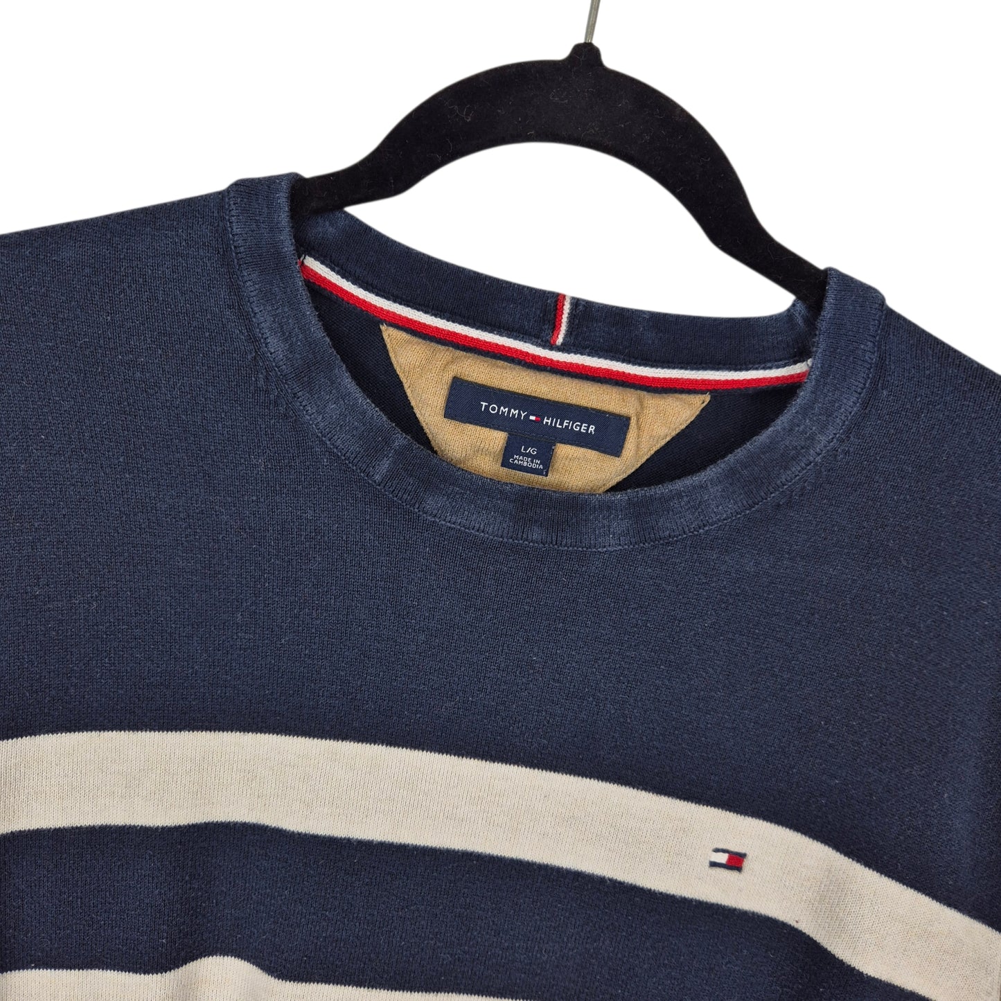 Tommy Hilfiger Dark Blue & White Striped Crewneck Knit Sweater Size L