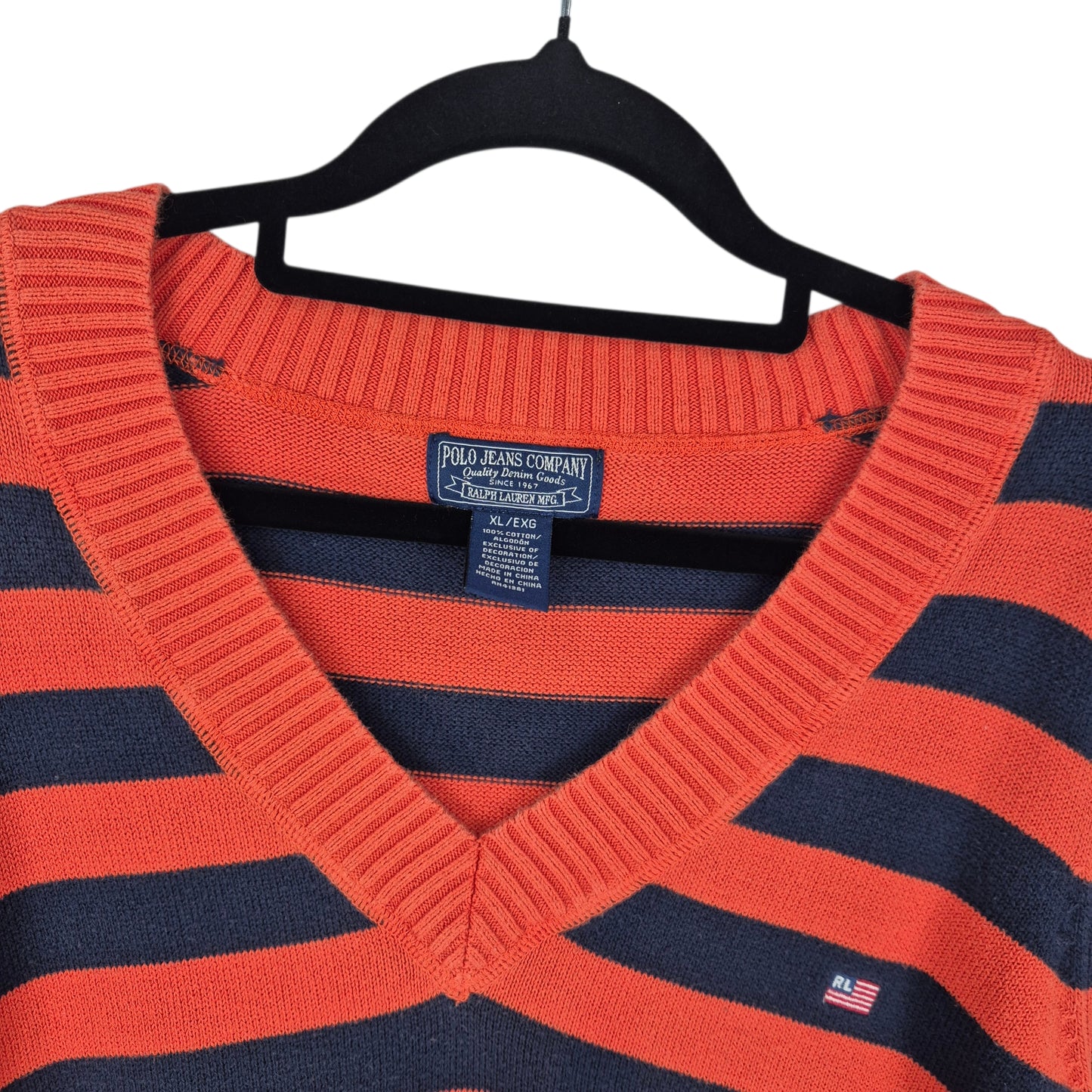 Polo Ralph Lauren Jeans Orange & Blue Striped Slim V Neck Knit Sweater Size XL