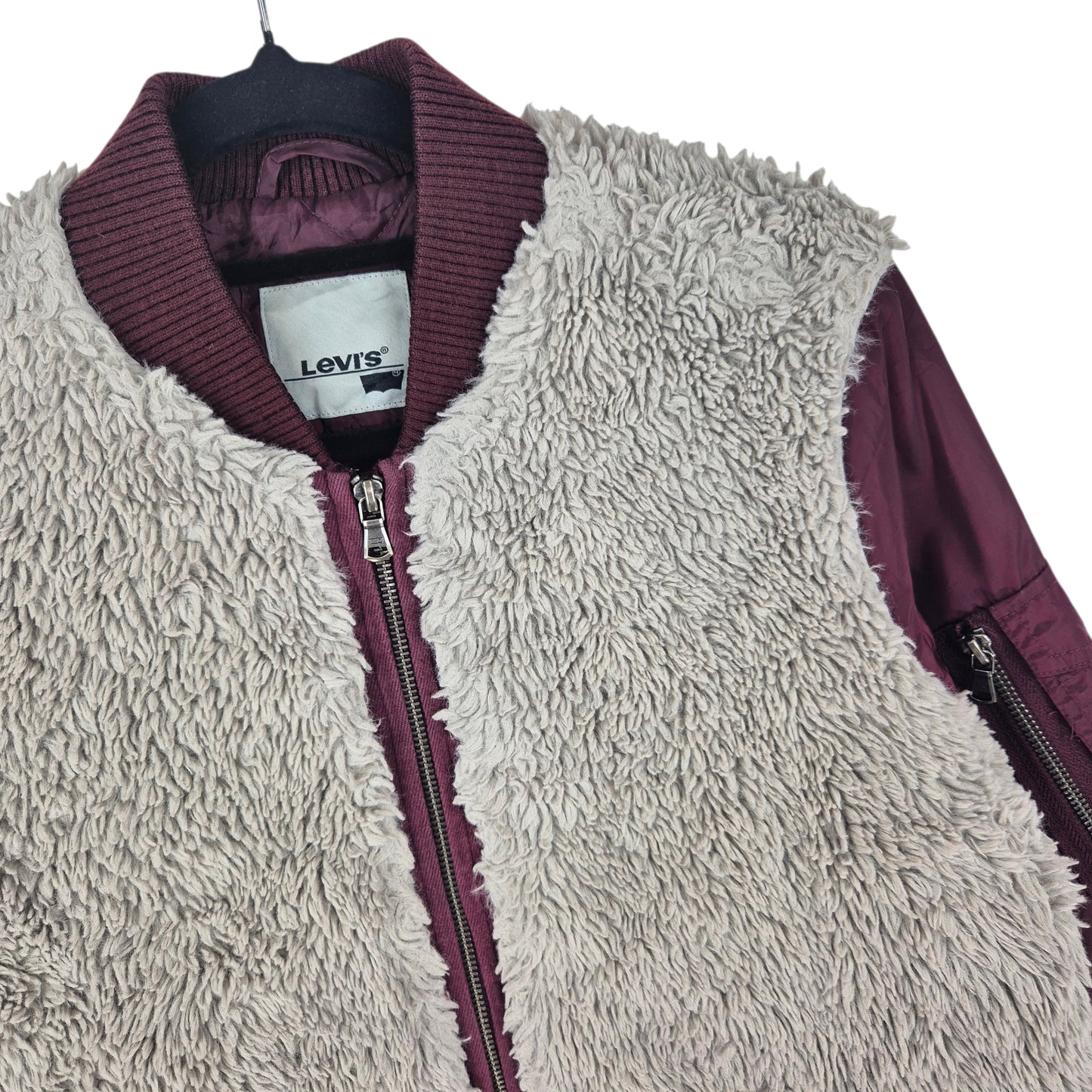 Levis Burgundy & Light Brown Quilted Fleece Bomber Jacket Size M