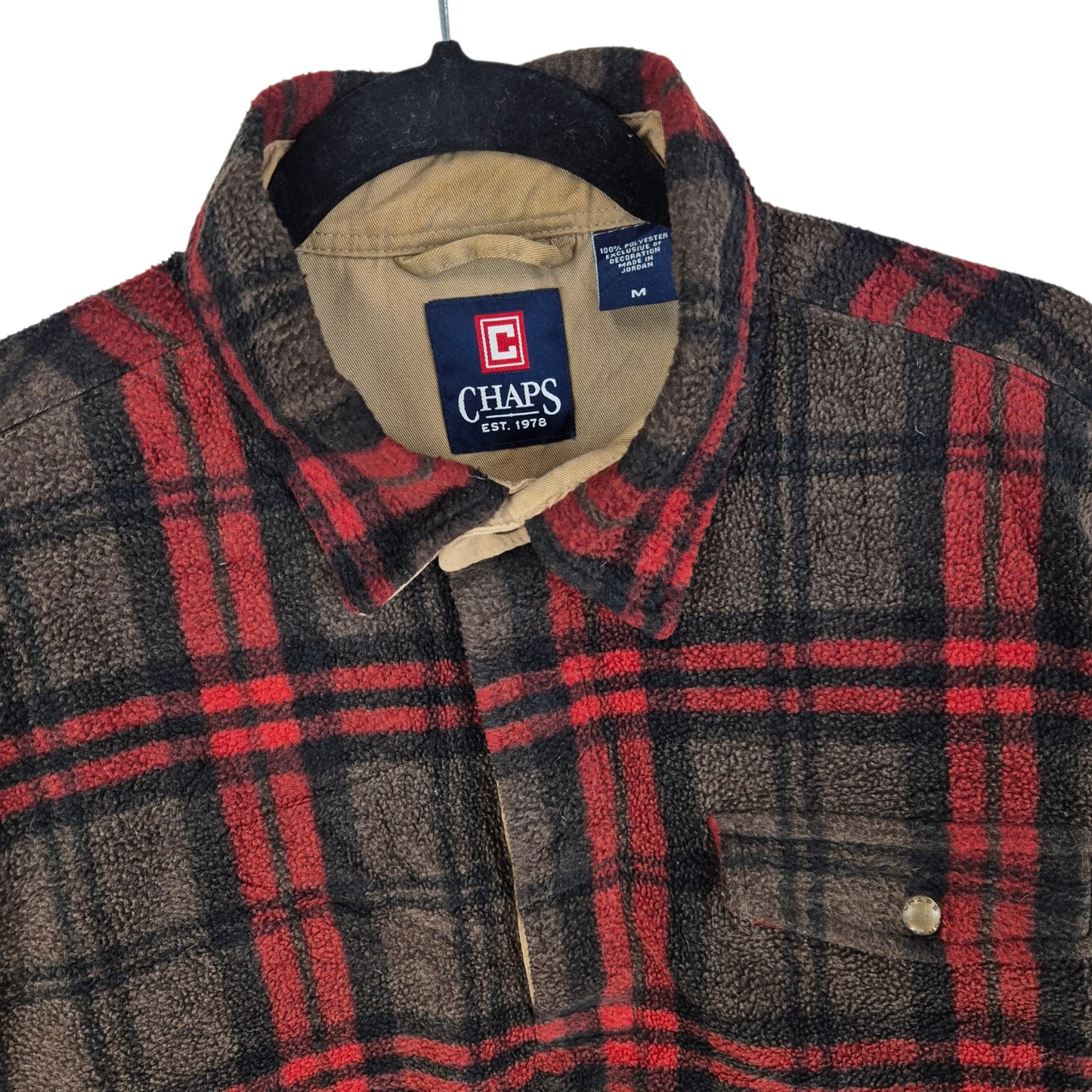 Chaps Brown & Red Checkered Quarter Button Fleece Jumper Size M