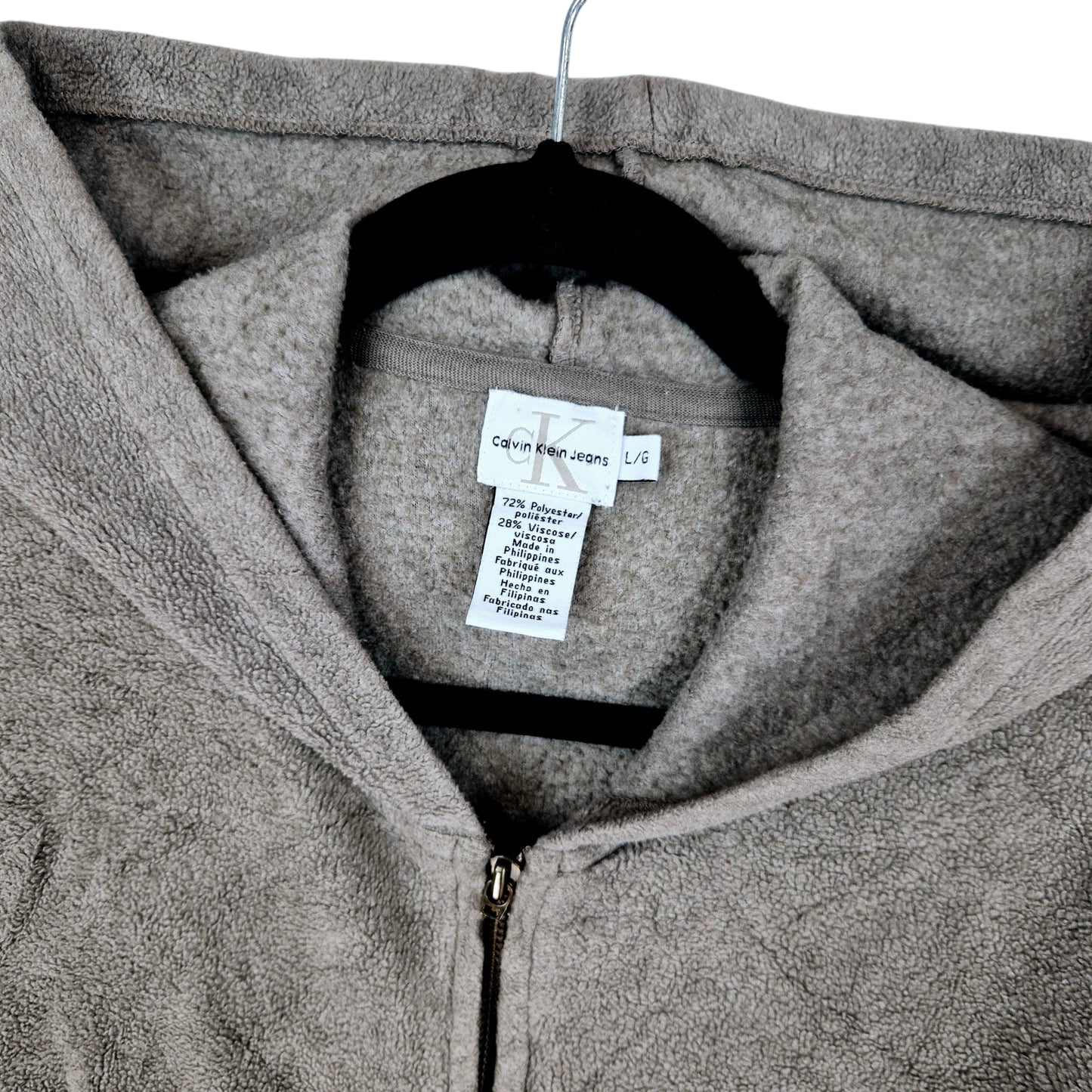 Vintage Calvin Klein 90's Oat Grey Hooded Fleece Zip Jumper Size L