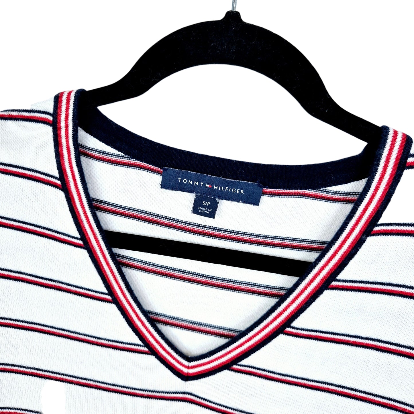 Tommy Hilfiger Womens White Striped V Neck Knit Sweater Size S