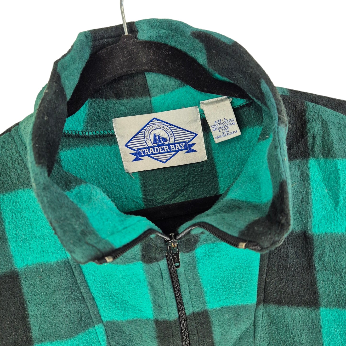 Vintage Trader Bay 90's Black & Green Checkered Quarter Zip Fleece Jumper Size L