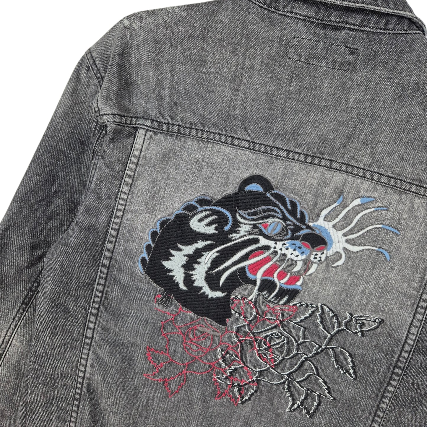 International Concepts Grey Embroidered Distressed Denim Jacket Size S