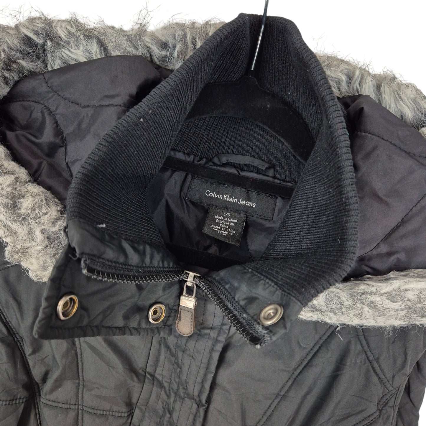 Calvin Klein Womens Black Fur Hood Padded Vest Size L