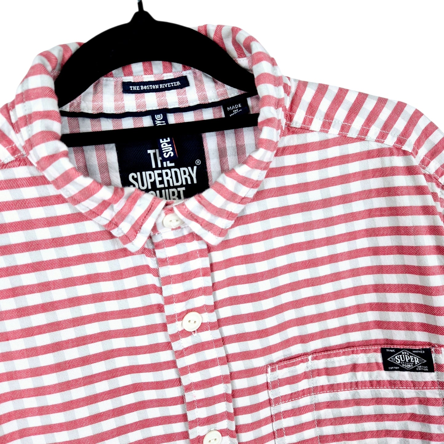 Superdry Coral Pink & White Striped Long Sleeve Textured Button Shirt Size L