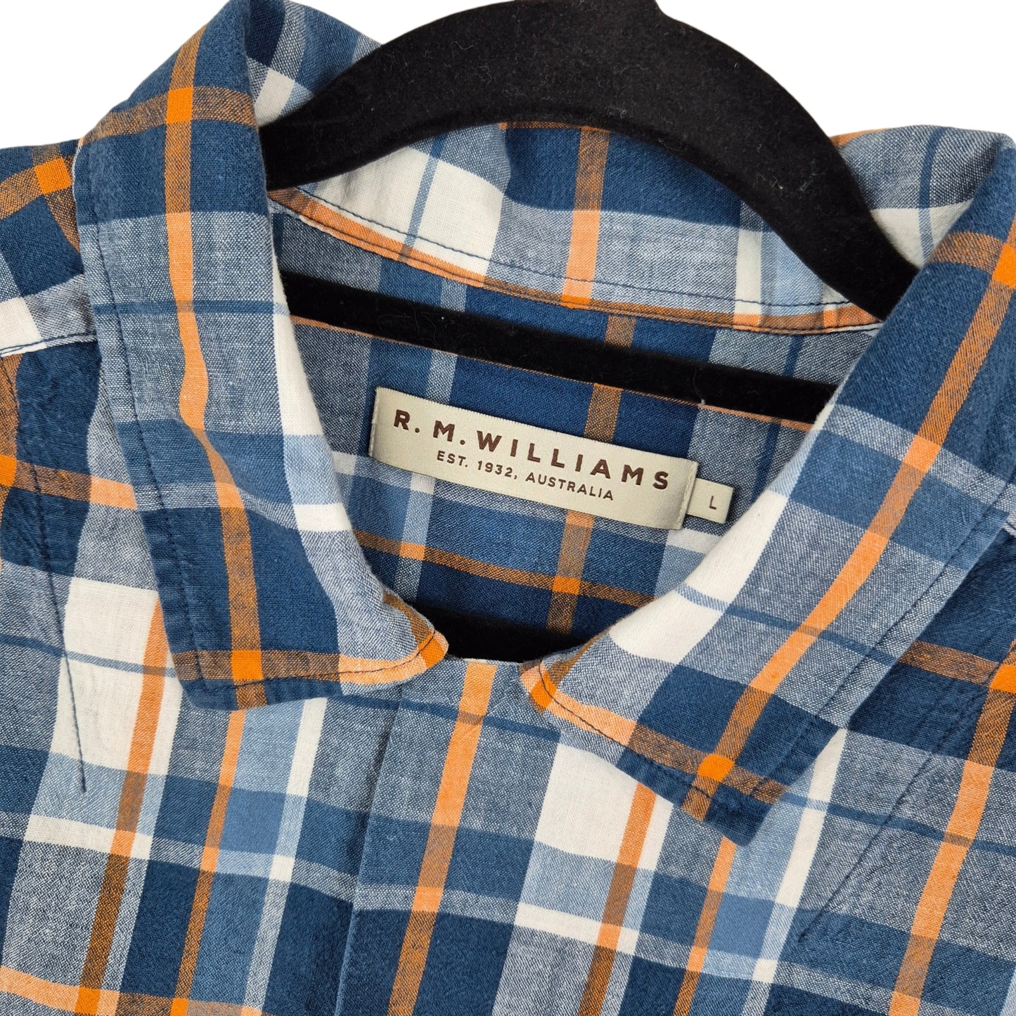 RM Williams Blue Checkered Linen Square Cut Short Sleeve Button Shirt Size L