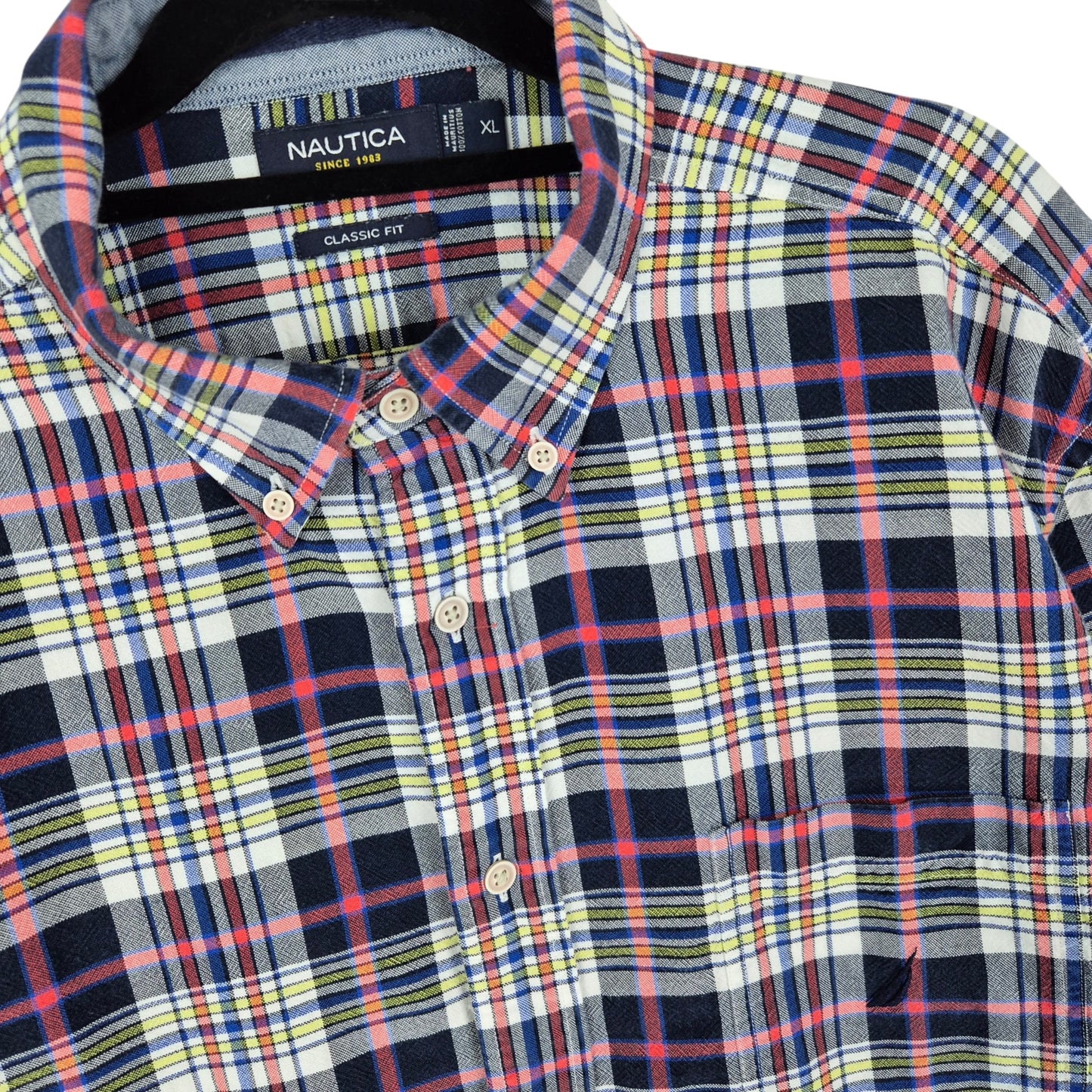 Nautica Dark Blue & Red Checkered Classic Fit Dress Shirt Size XL