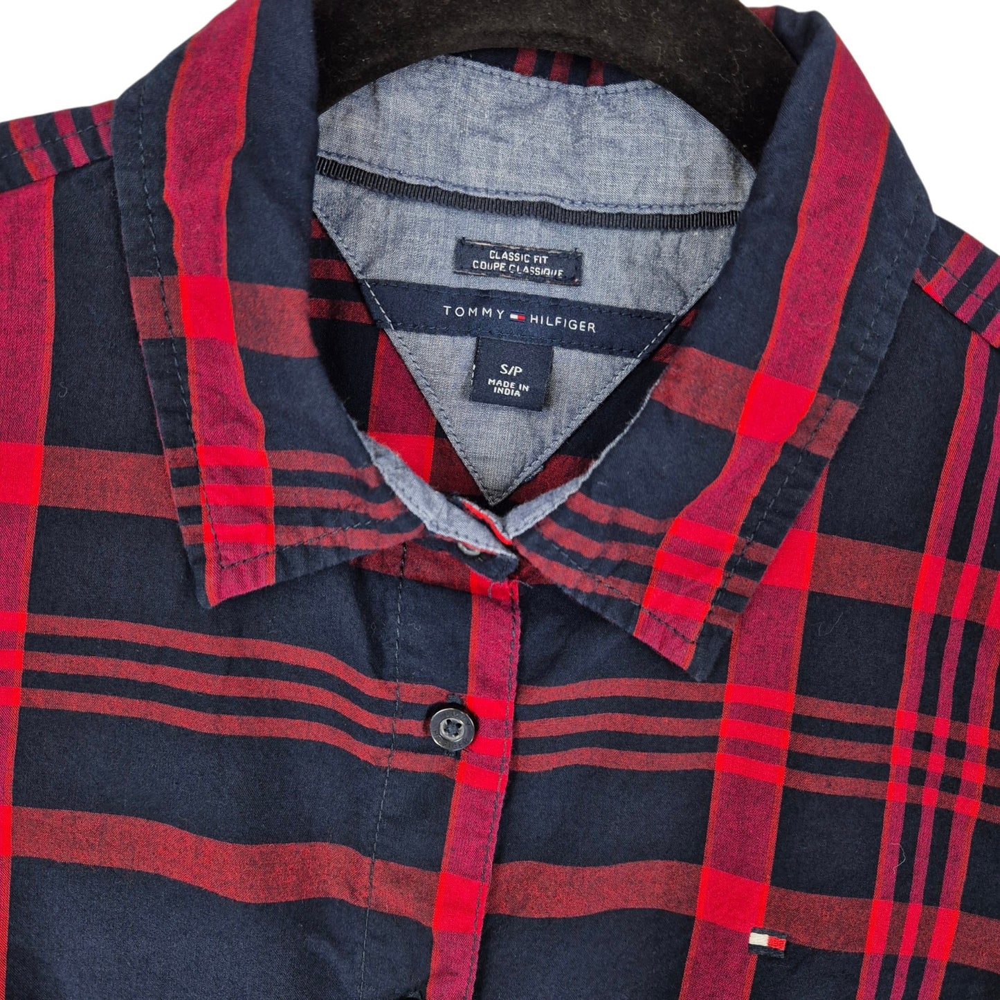 Tommy Hilfiger Womens Dark Blue & Red Checkered Dress Shirt Size S
