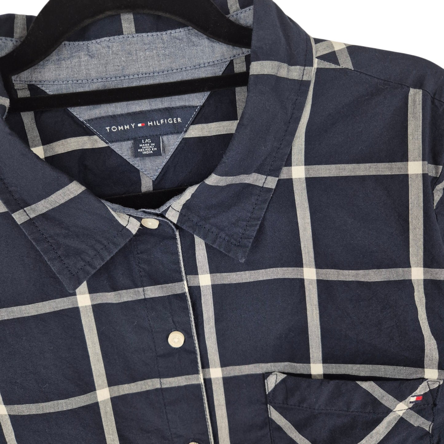 Tommy Hilfiger Womens Dark Blue Checkered Dress Shirt Size L