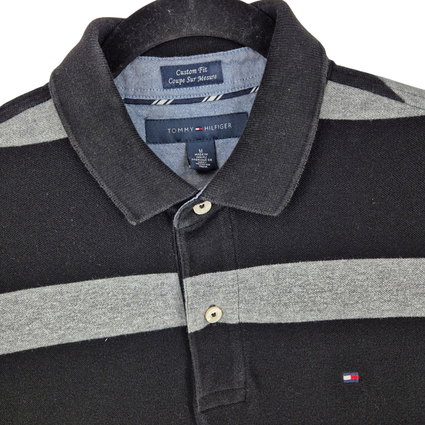 Tommy Hilfiger Black & Grey Striped Custom Fit Polo Shirt Size M
