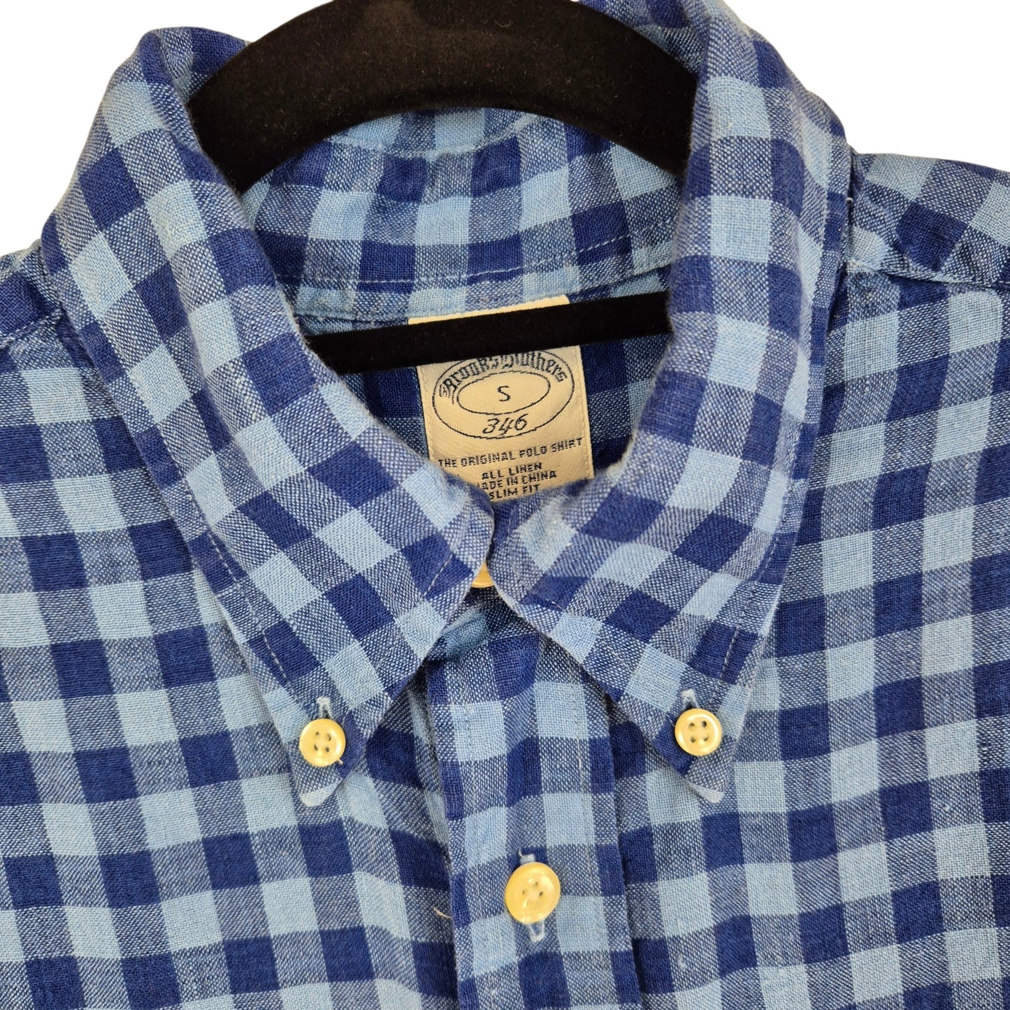 Brooks Brothers Blue Checkered Slim Fit Linen Short Sleeve Button Shirt Size S