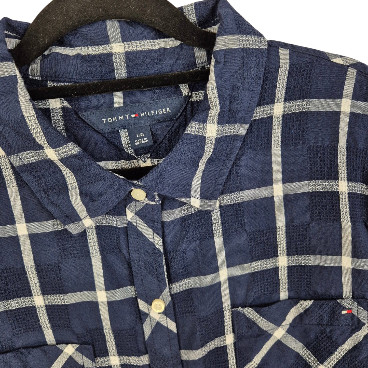 Tommy Hilfiger Womens Dark Blue Checkered Short Sleeve Button Shirt Size L