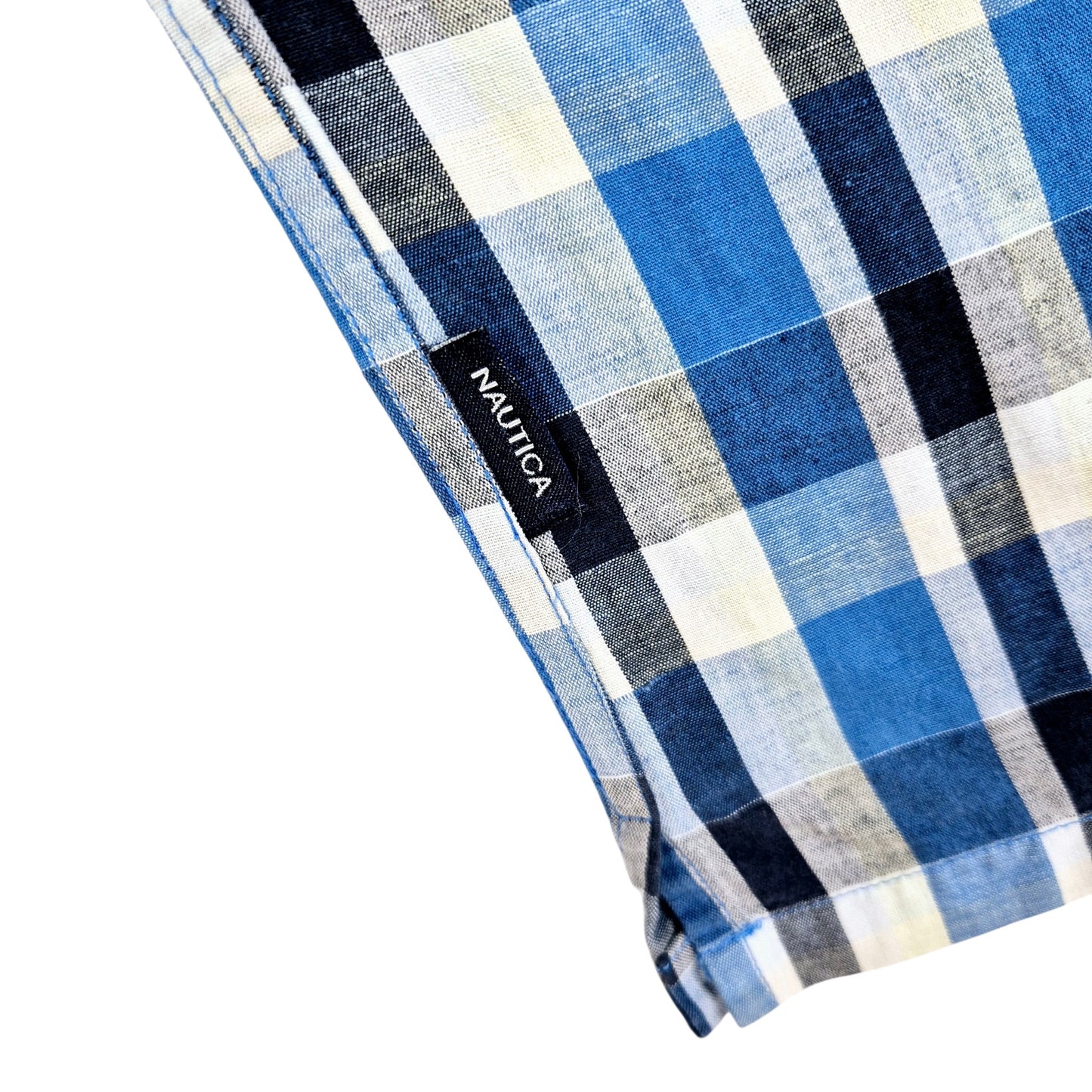 Nautica Blue & Yellow Checkered Square Cut Short Sleeve Button Shirt Size L