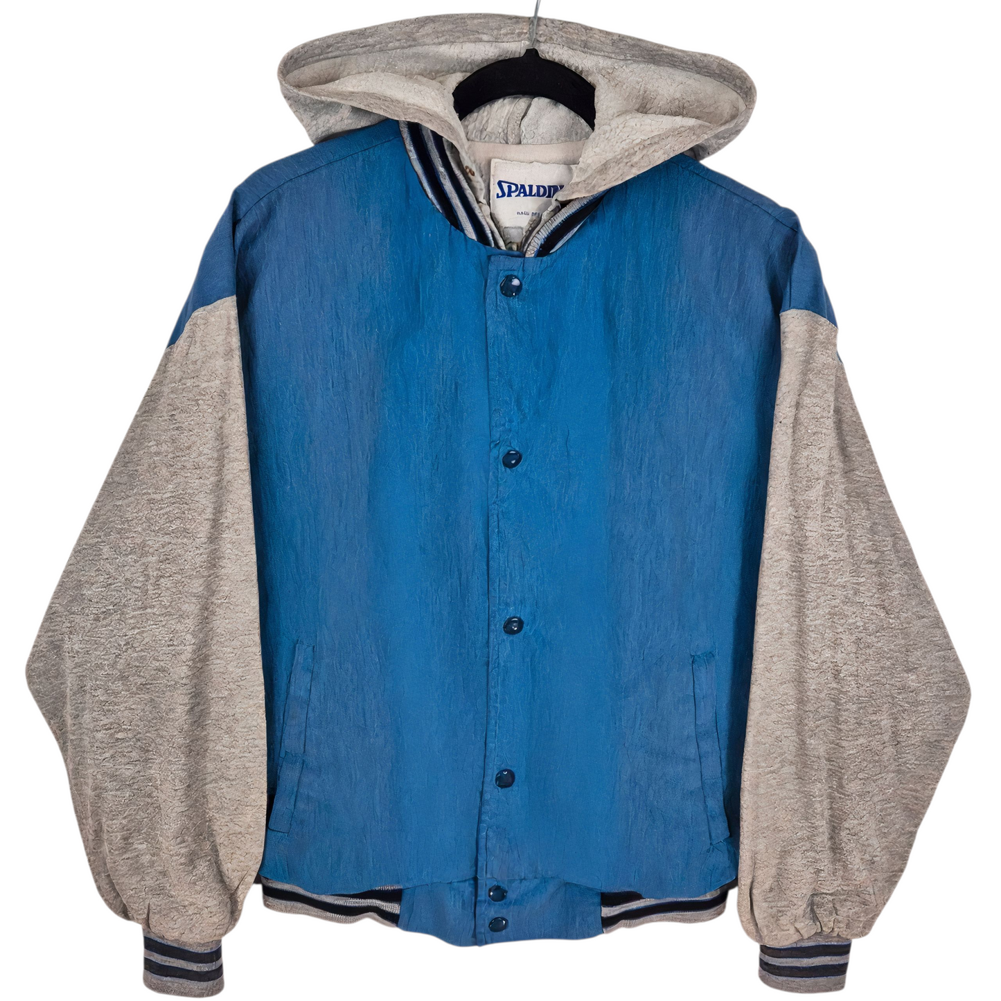 Vintage Spalding 80's Blue & Grey USA Made Hooded Bomber Jacket Size L