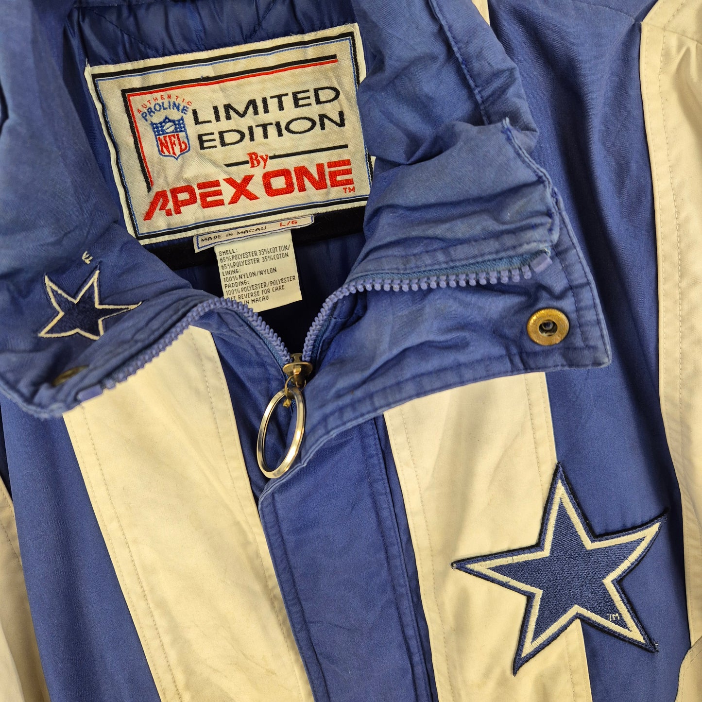 Vintage Apex One NFL Dallas Cowboys White & Blue Heavy Quilted Jacket Size L