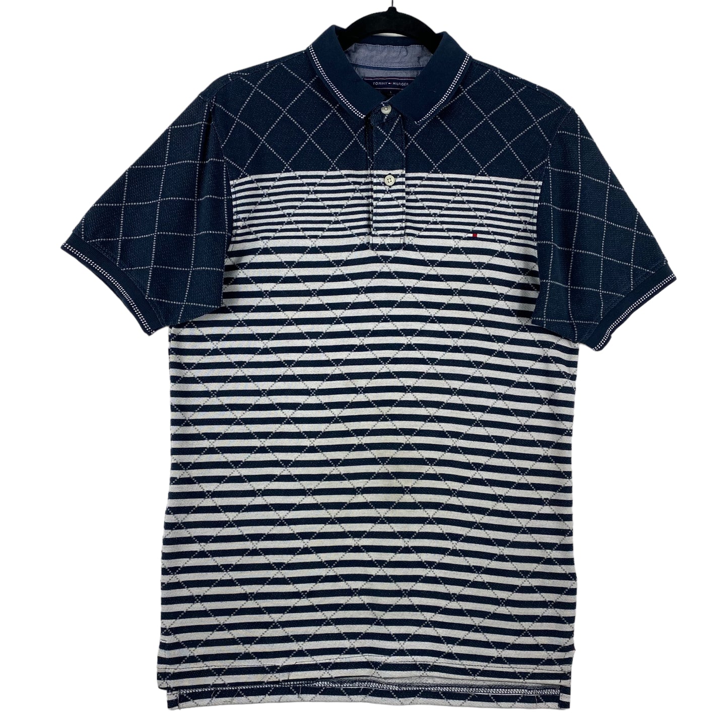 Tommy Hilfiger Grey & Blue Striped Extra Slim Cotton Polo Shirt Size L