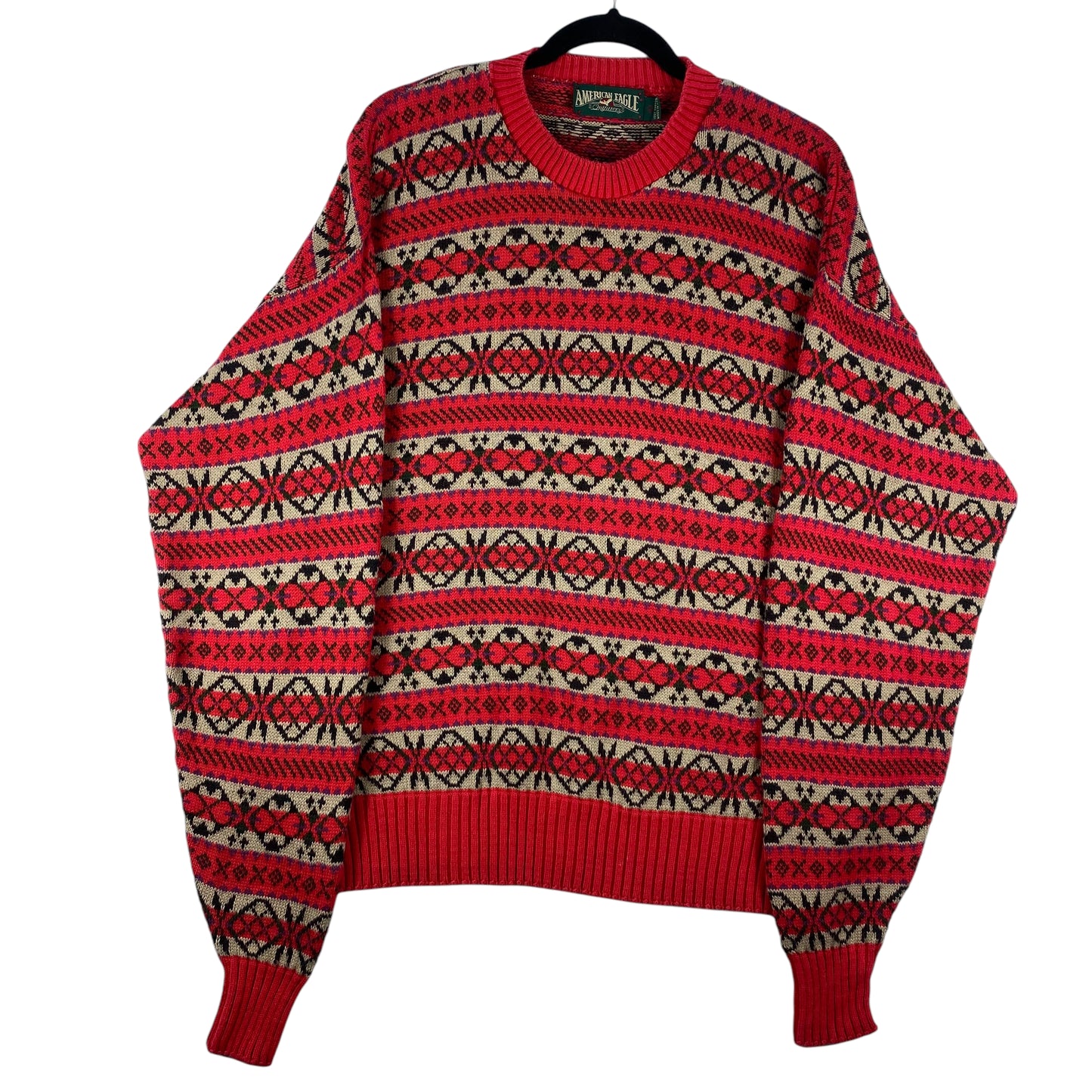 Vintage American Eagle 90's Red & Grey Striped USA Made Knit Sweater Size L