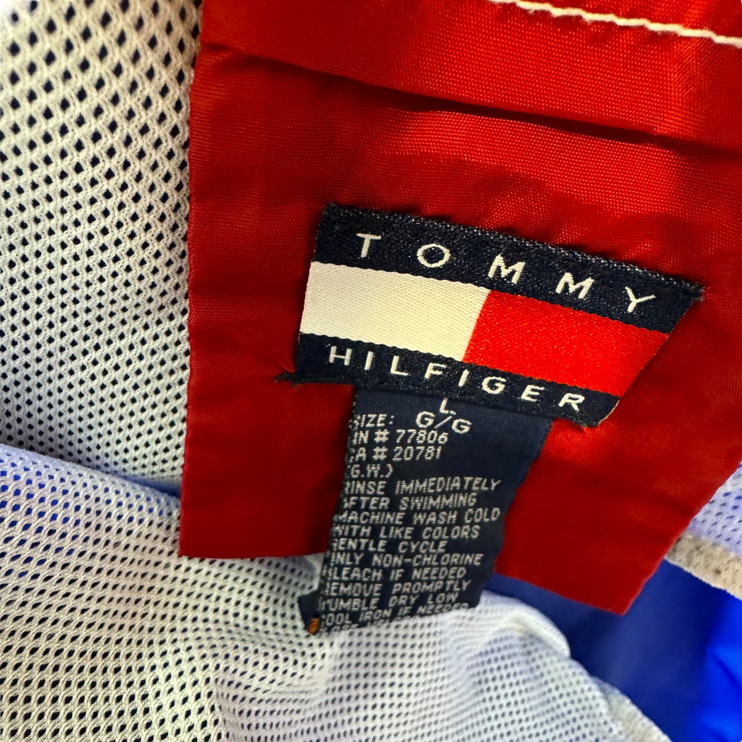 Vintage Tommy Trunks 90's Blue & White Nylon Beach Swim Shorts Size L
