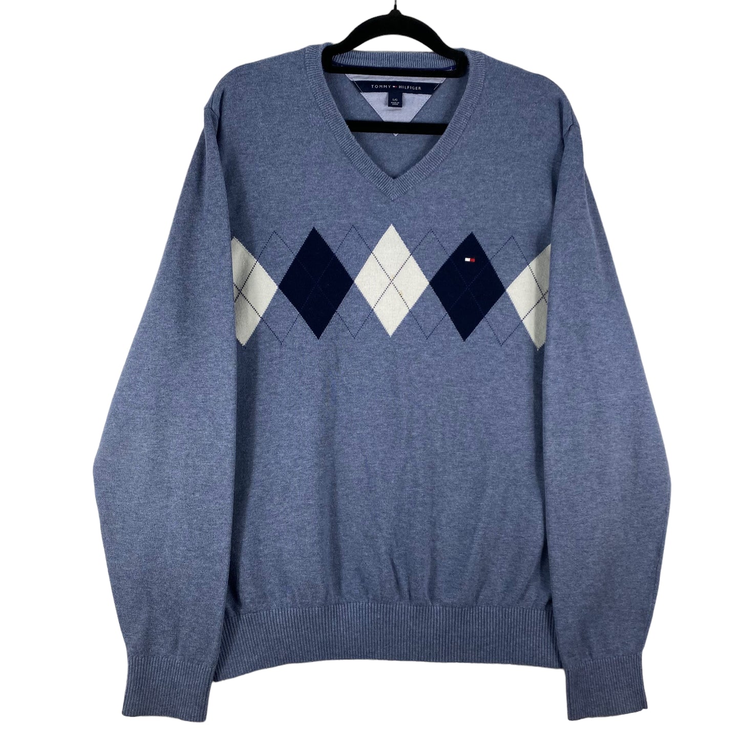 Tommy Hilfiger Steel Blue Diamond Pattern V Neck Knit Sweater Size L