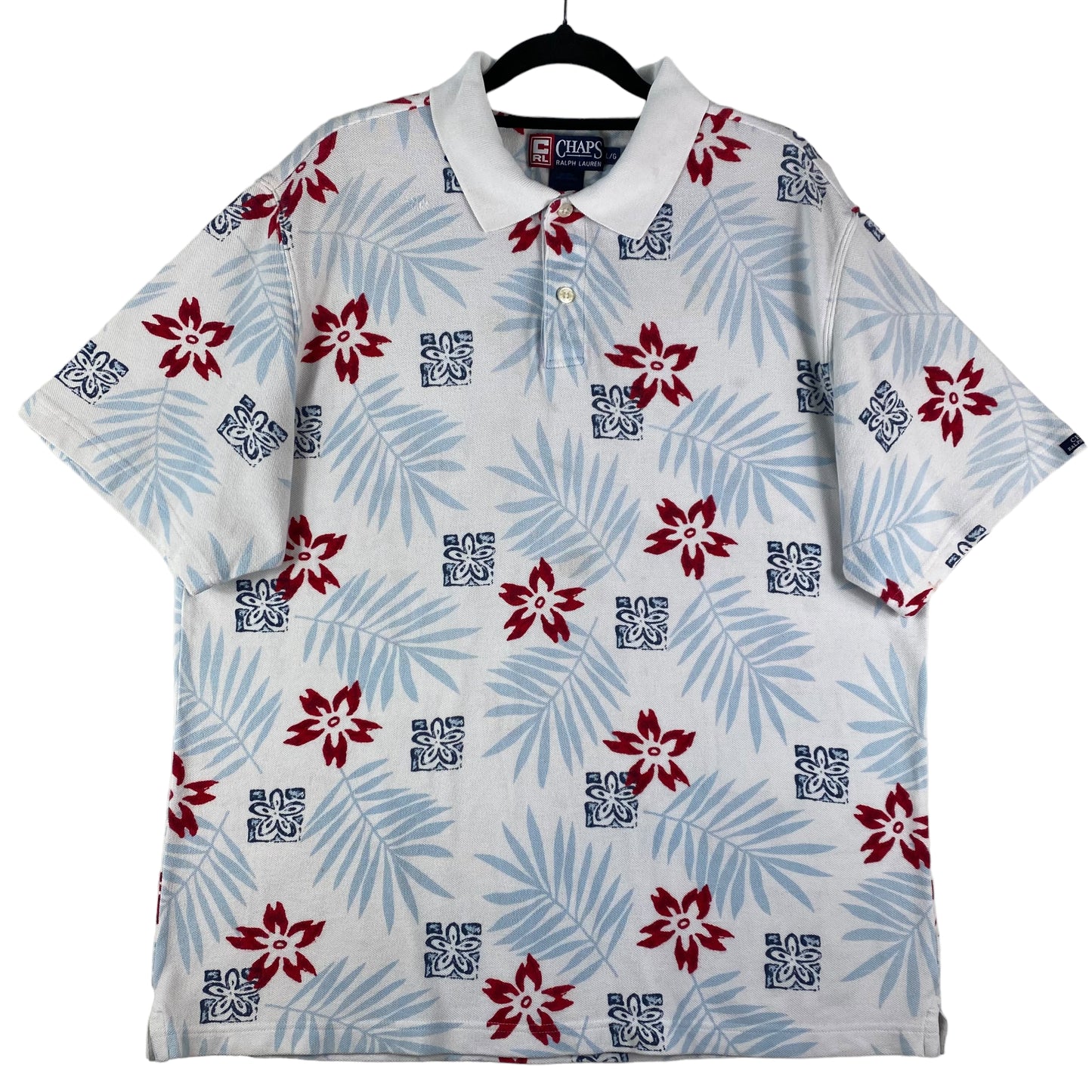 Vintage Ralph Lauren Chaps 90's White Floral Pattern Cotton Polo Shirt Size L