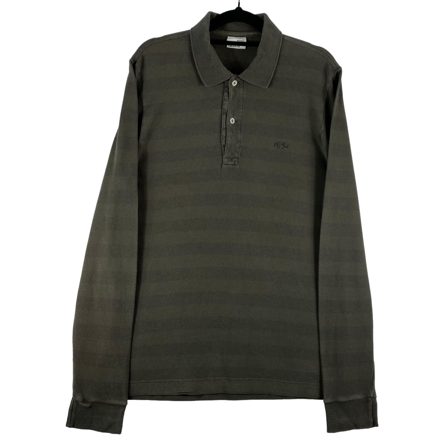 Lacoste Khaki Green Striped Long Sleeve Vintage Washed Cotton Polo Shirt Size S