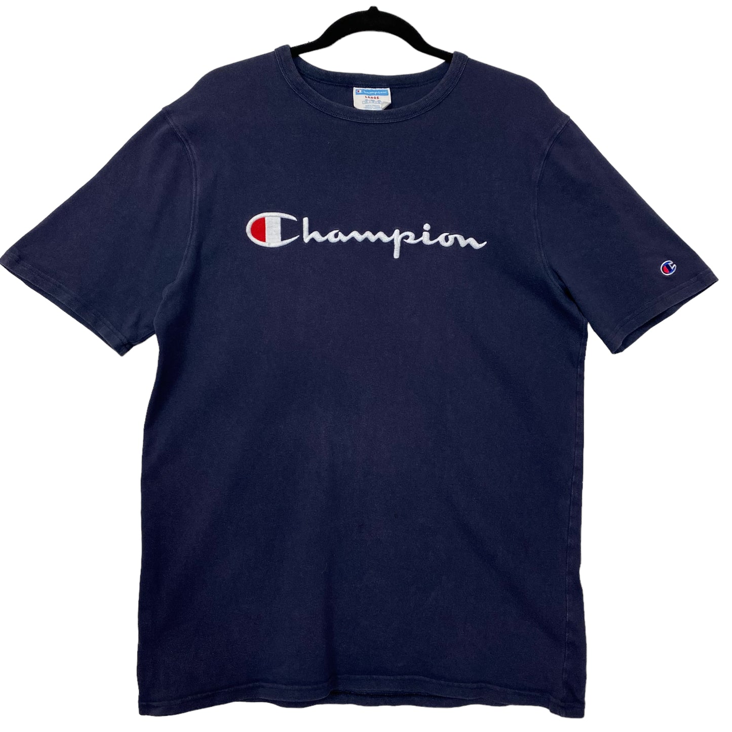 Vintage Champion 2000's Dark Blue Chest Script Embroidered Tee Shirt Size L
