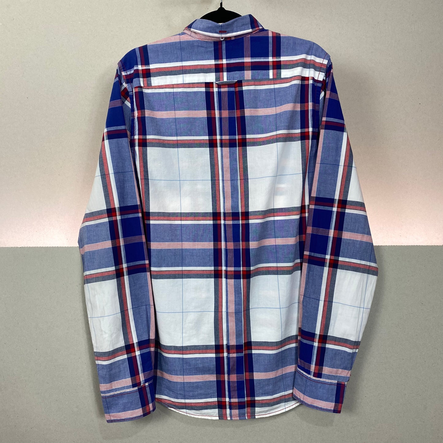 Ben Sherman Blue White Red Checkered 100% Cotton Long Sleeve Button Up Business Polo Dress Shirt S C100 55exchange