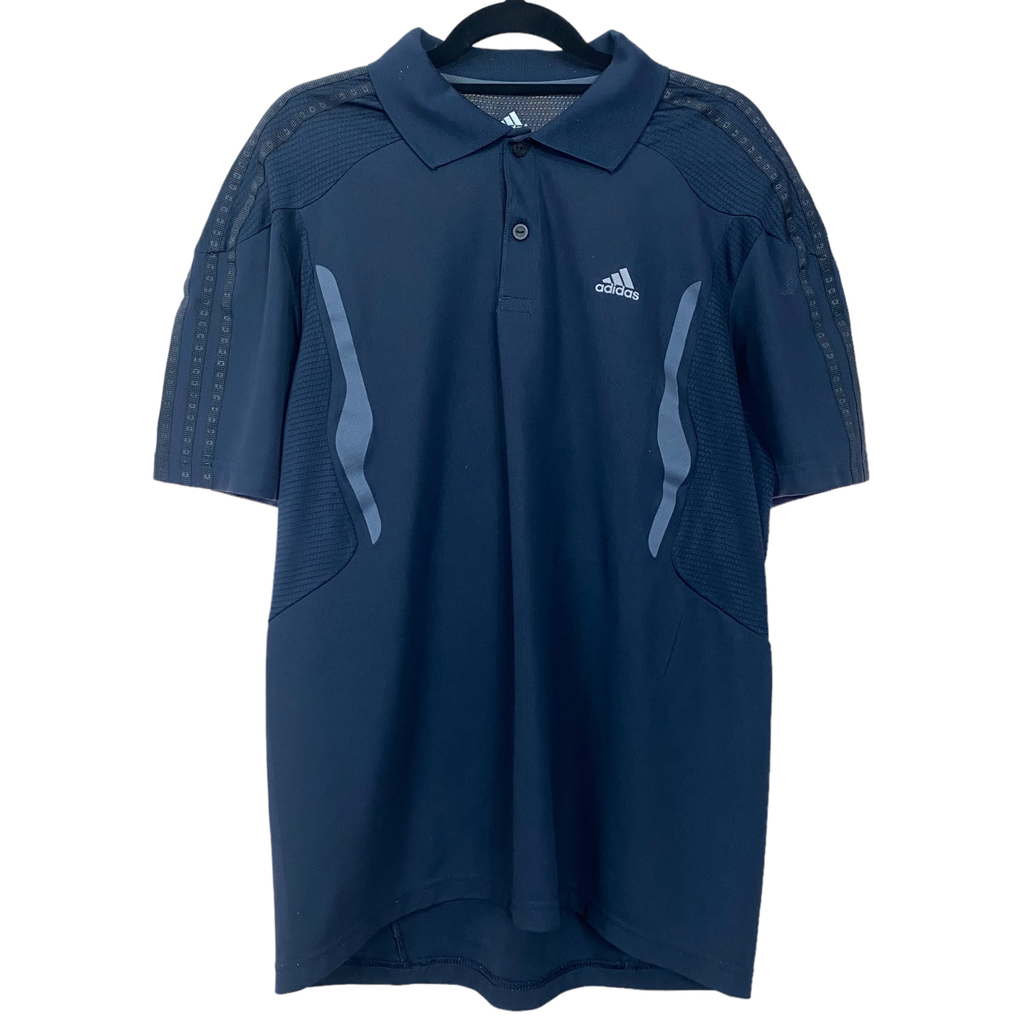 Vintage Adidas Navy Blue Three Stripe Active Polo Shirt Top Size M