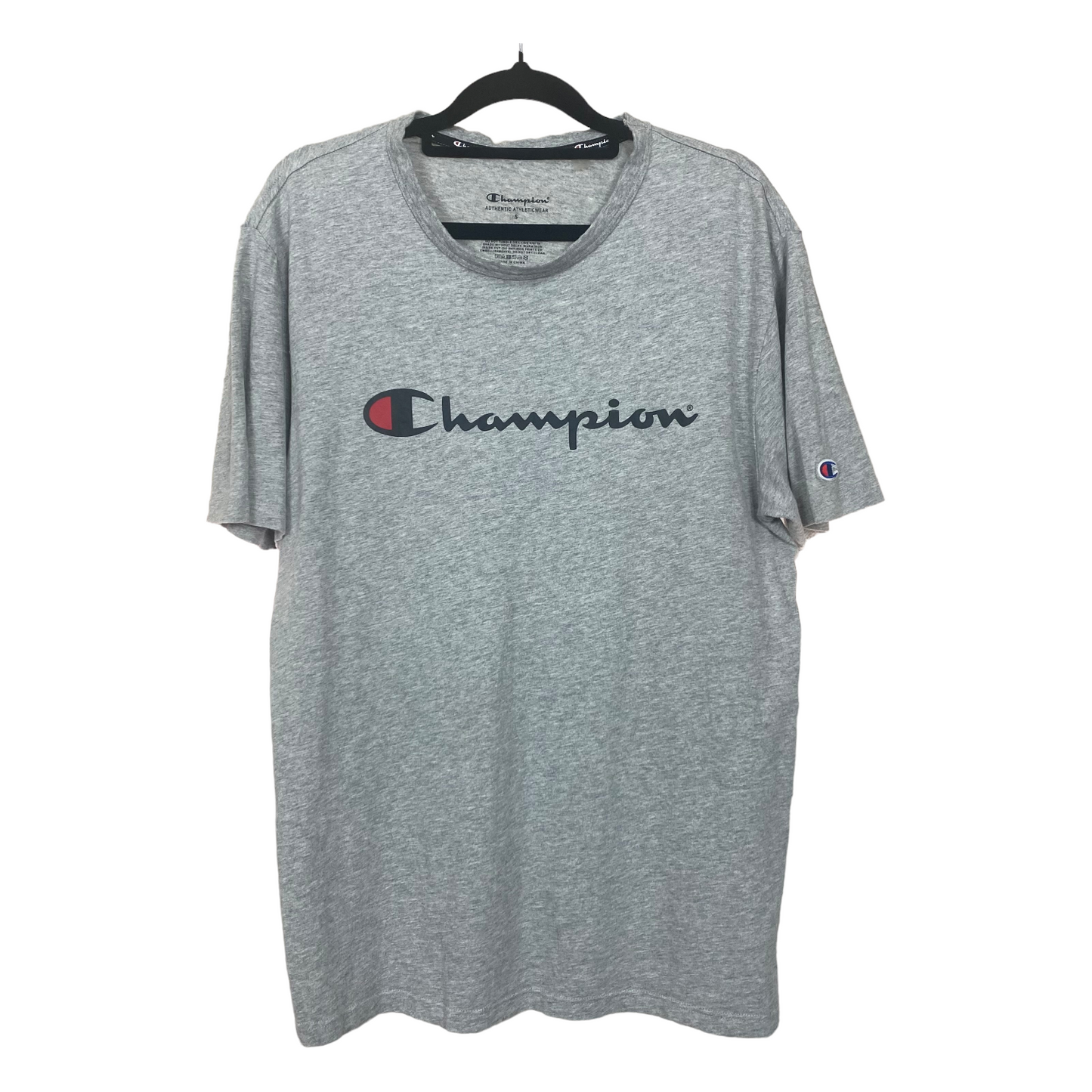 Champion Light Grey Black Logo Graphic Short Sleeve Tee Shirt Top S C100 L70