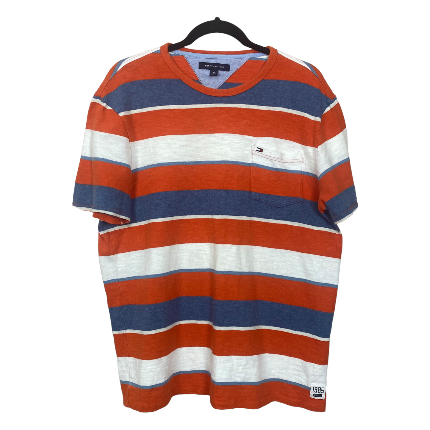 Tommy Hilfiger Orange Blue White Striped Logo Short Sleeve Tee Shirt Top M C108 L71